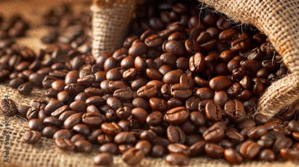 Rough-textured brown coffee beans in a heap on burlap fabric create a rustic coffee background Rough-textured brown coffee beans in a heap on burlap fabric create a rustic coffee background