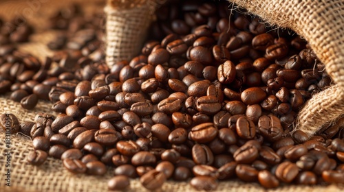 Rough-textured brown coffee beans in a heap on burlap fabric create a rustic coffee background