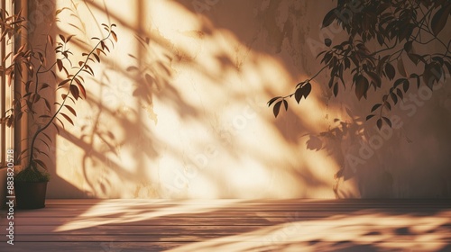 A blank warm room with sun rays casting shadows of leaves  AI generated illustration