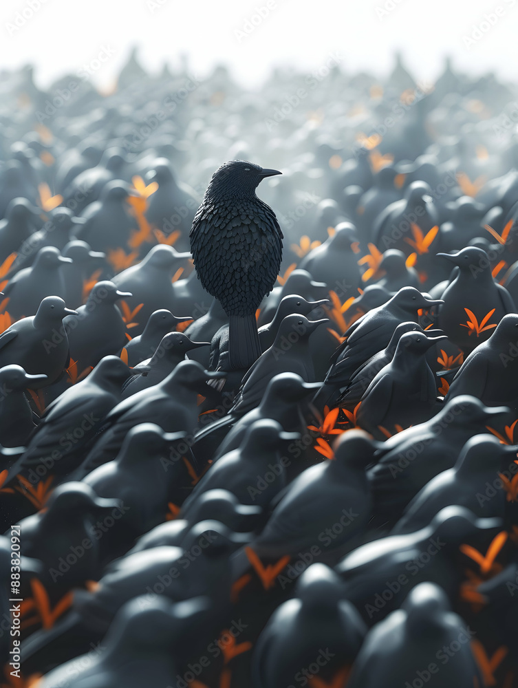 Obraz premium 3D Flat Icon: Unique Bird Among Flock Concept Symbolizing Individuality and Uniqueness in Dreamy Background with Ample Space for Text or Graphics, Isolated on White | Adobe Stock