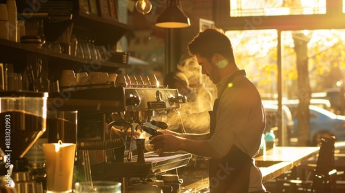 A busy cafe scene with women and couples enjoying coffee and food, while a welder works diligently in a nearby factory © Kopgz-41