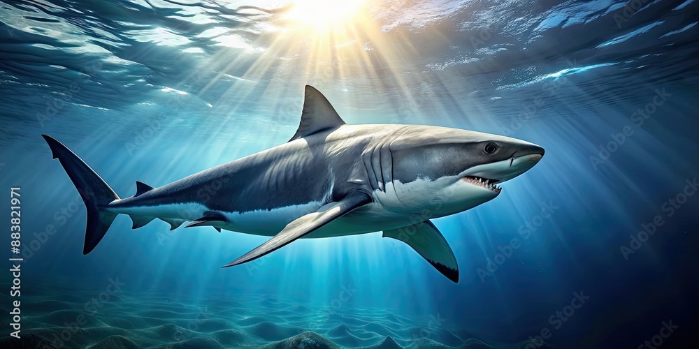 Fototapeta premium Majestic shark swimming gracefully in the deep ocean , shark, sea, predator, underwater, marine life, dangerous, fins
