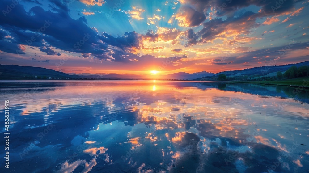 Beautiful sunset with reflection of sky and clouds in lake Beautiful sunset with reflection of sky and clouds in lake