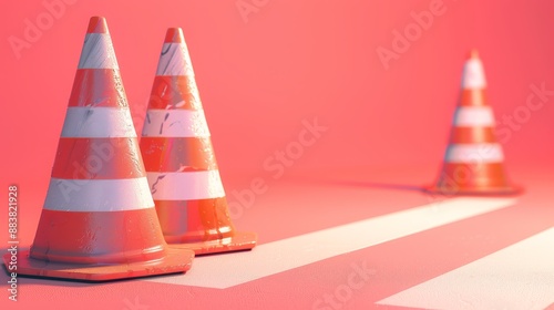 Traffic cones and under construction warning sign,traffic cone 3d rendering on Red background,Roadsafety and prevention of accidents during road construction,Vector cartoon warning sign. photo