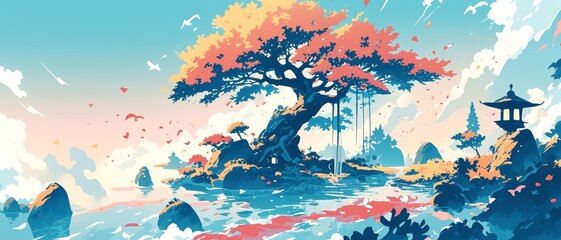 Crédence de cuisine Chambre d’enfants Cute cartoon landscape of a tranquil zen rock garden, bonsai trees and lanterns, minimalist backgrounds, simple and colorful illustrations  © fourtakig