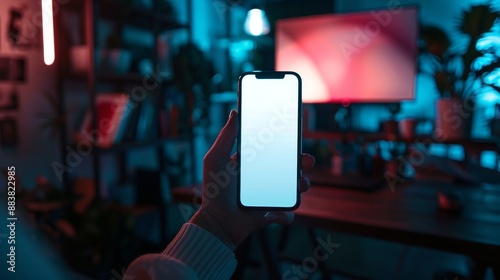 Close up Young woman holding using touch mobile phone white screen mockup,relaxes sitting in gamer room,Colorful led lights,neon light room,Back view,copy space.