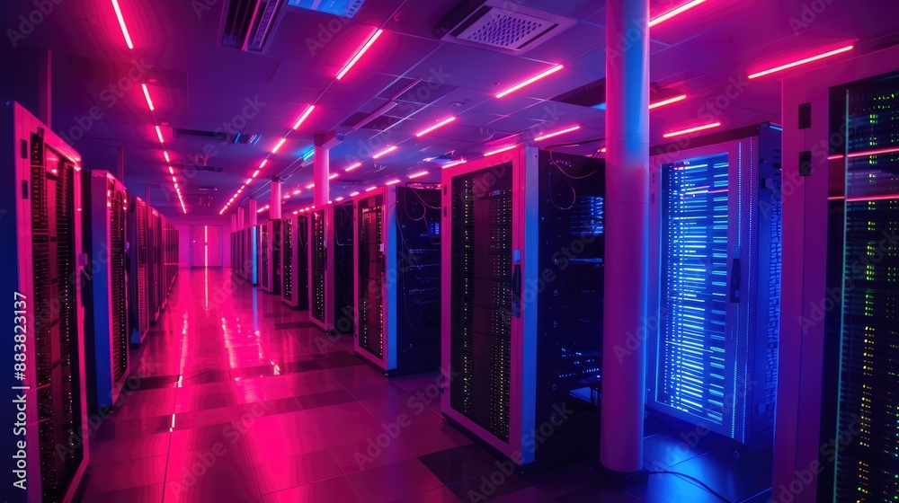 Fototapeta premium A quantum computer processing center with advanced cooling systems and neon light accents
