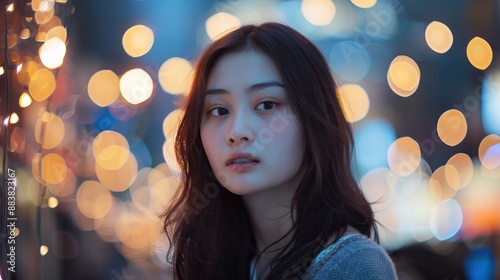 Asian woman in urban night setting with bokeh city lights background