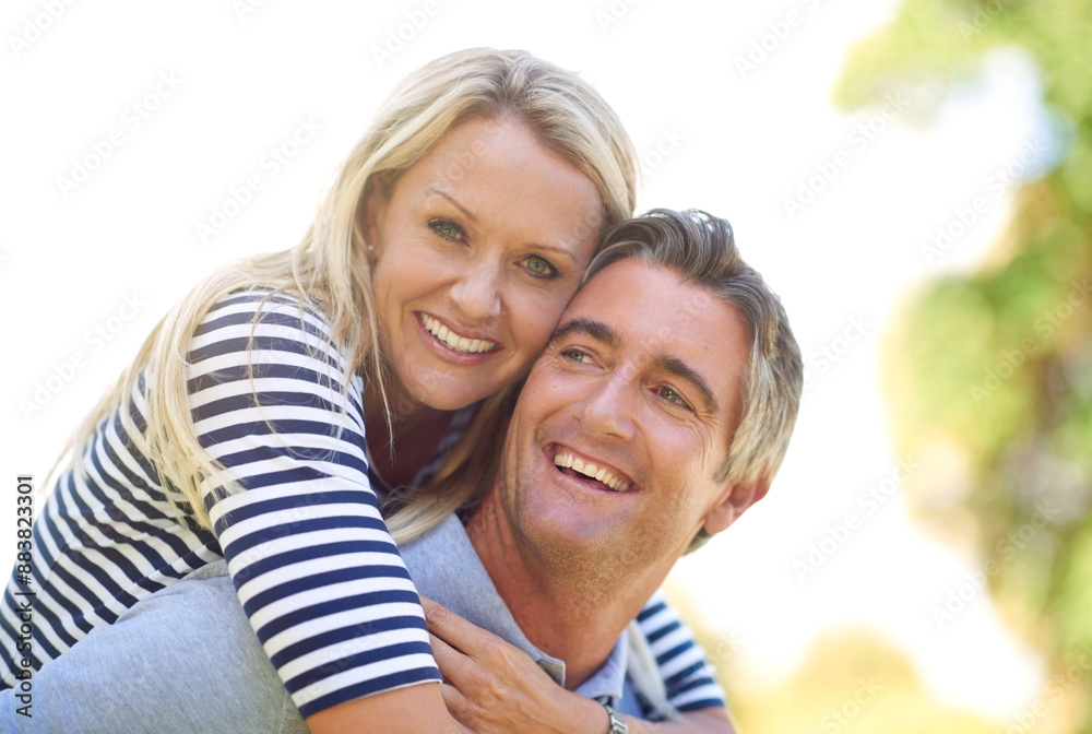 Love, piggyback and smile with couple in park together for anniversary, bonding or romance. Adventure, travel for vitamin D with mature man and woman outdoor in nature for summer holiday or vacation Love, piggyback and smile with couple in park together for anniversary, bonding or romance. Adventure, travel for vitamin D with mature man and woman outdoor in nature for summer holiday or vacation