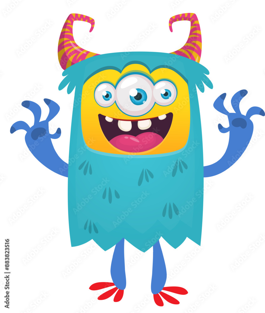 Naklejka premium Cartoon cute monster with funny excited face expression with three eyes waving hands . Vector illustration isolated on white. Halloween design