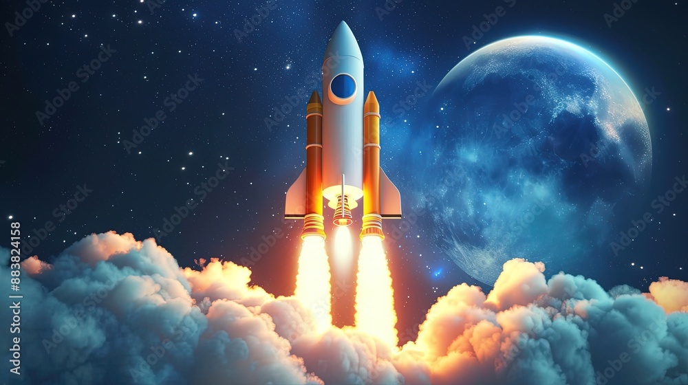 Naklejka premium Cartoon Spaceship Launch