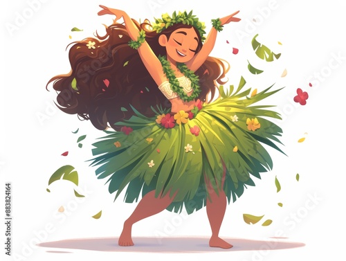 Cute cartoon Full body studio portrait of a Hawaiian hula dancer in a grass skirt and lei illustrations