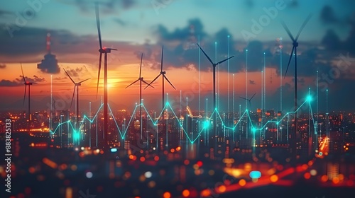 Stock market graph with wind turbines in the background, Conceptual image depicting the rise in energy prices, highlighting the increasing costs of energy and the shift towards sustainable alternative