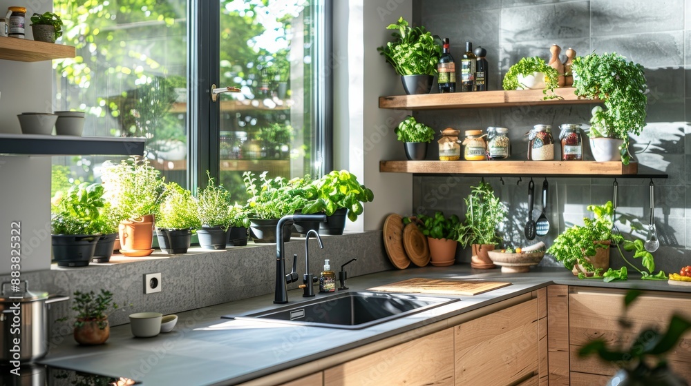 Modern kitchen with open shelving, potted herbs, and natural light, promoting a fresh and airy feel Modern kitchen with open shelving, potted herbs, and natural light, promoting a fresh and airy feel