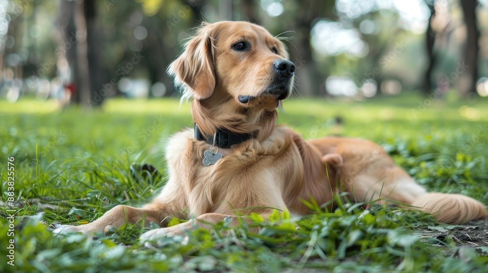 A smart pet collar with GPS tracking and health monitoring features for a dog playing in a park A smart pet collar with GPS tracking and health monitoring features for a dog playing in a park