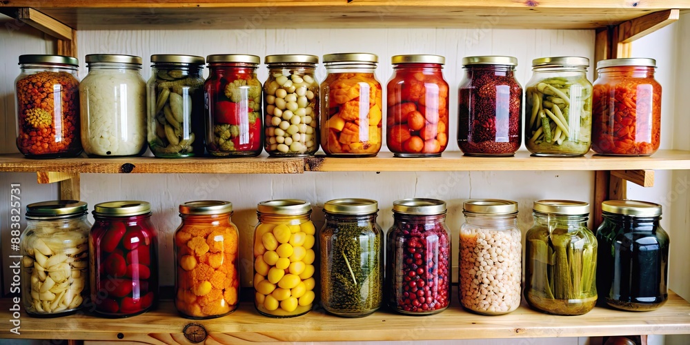 Preserved food in glass jars on a wooden shelf with various marinaded food, preserved, food Preserved food in glass jars on a wooden shelf with various marinaded food, preserved, food