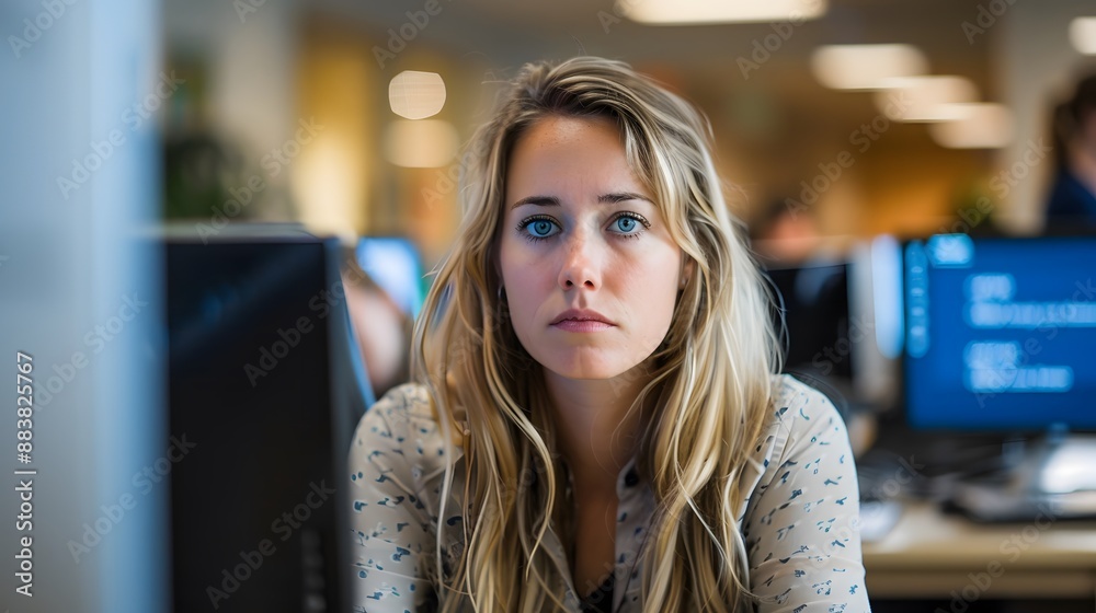 Customer service agent at her desk, focused on her computer screen, with other agents in the background.