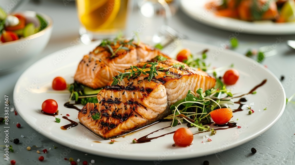 Grilled Salmon with Soy Sauce Revealing juicy and flaky flesh. This dish looks delicious and appetizing. The soy sauce adds a spicy flavor to the lively presentation. Grilled Salmon with Soy Sauce Revealing juicy and flaky flesh. This dish looks delicious and appetizing. The soy sauce adds a spicy flavor to the lively presentation.