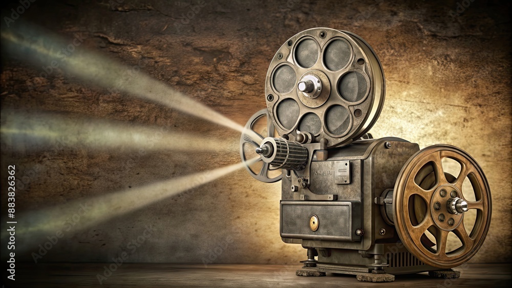 Fototapeta premium Old film projector casting dramatic lighting on a vintage screen, vintage, projector, film, old, retro, classic