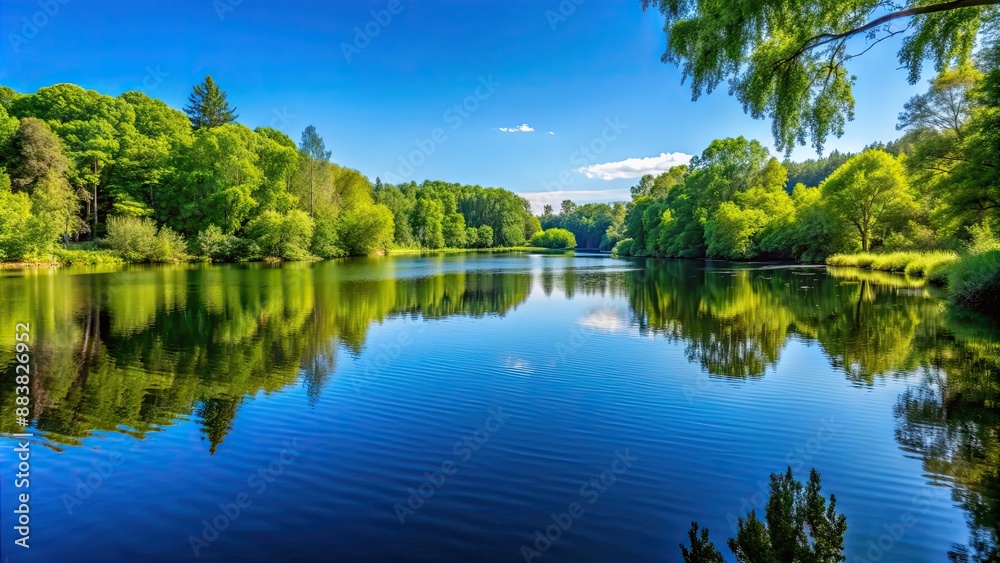 A calming background of a serene lake surrounded by lush green trees and a clear blue sky , background, serene, lake, trees, green A calming background of a serene lake surrounded by lush green trees and a clear blue sky , background, serene, lake, trees, green