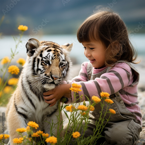 Little child cuddling tiger photo