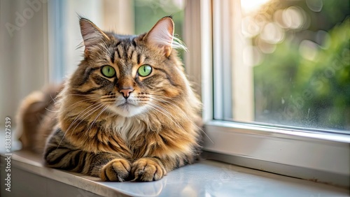 Wallpaper Mural A close-up photo of a fluffy tabby cat resting peacefully on a windowsill , feline, domestic pet, whiskers, cute, fur, animal Torontodigital.ca