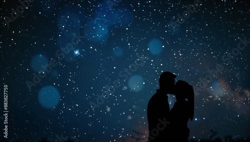 A couple's silhouettes kissing under a starry night sky, with a bokeh effect, advertising a romantic Valentine's Day getaway, Free space for text Valentine's Day concept