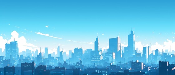 Gardinen Kinderzimmer Cute cartoon landscape of a bustling city skyline and skyscrapers, minimalist backgrounds, simple and colorful illustrations  © fourtakig