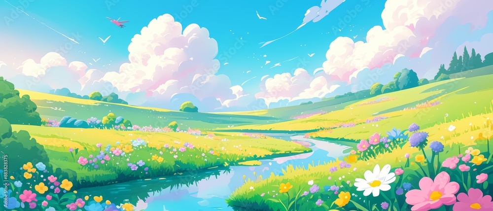 Fototapeta premium Cute cartoon landscape with a winding river, wildflowers and fluffy clouds, minimalist backgrounds, simple and colorful illustrations