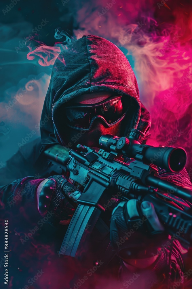 Man with rifle and hoodie