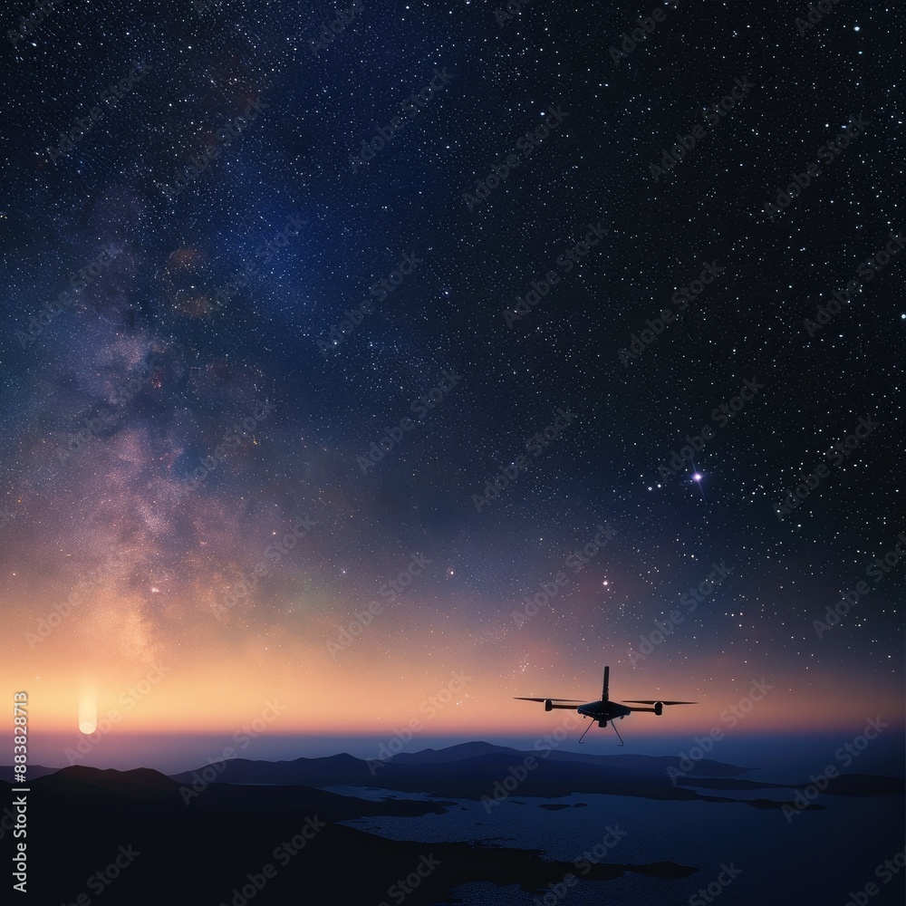 Obraz premium An advanced exoplanet exploration drone sending back data to a space observatory on Earth at night with stars shining brightly in the sky