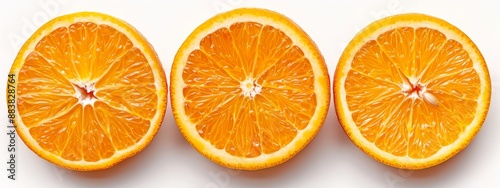  Three oranges, each halved, align on a white background