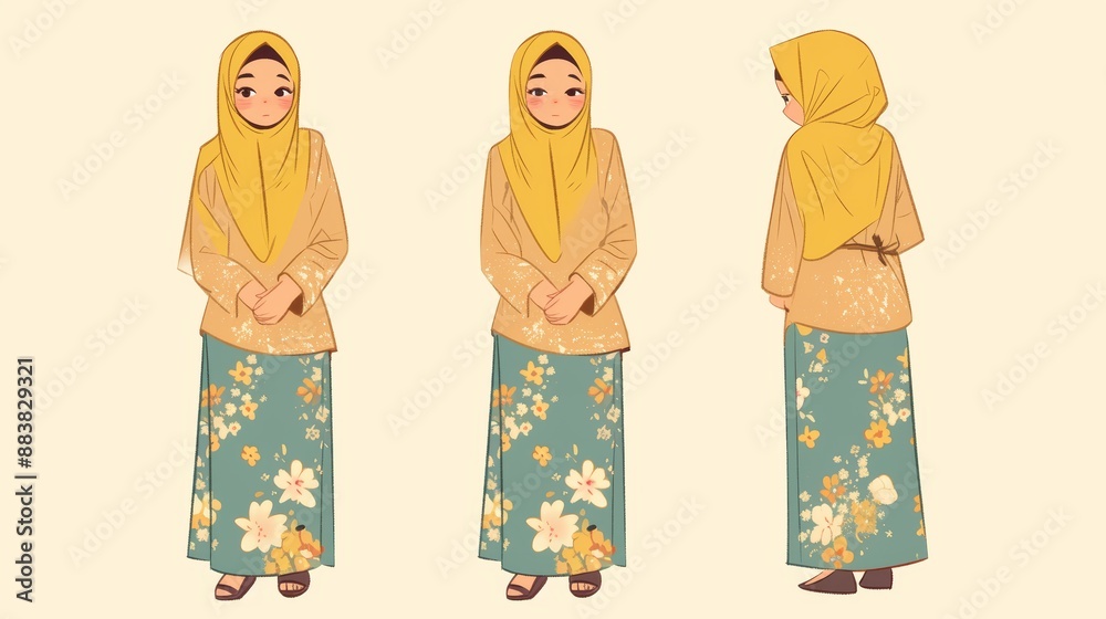 Cute cartoon Full body studio portrait of a Malaysian woman in a baju kurung with floral patterns illustrations Cute cartoon Full body studio portrait of a Malaysian woman in a baju kurung with floral patterns illustrations