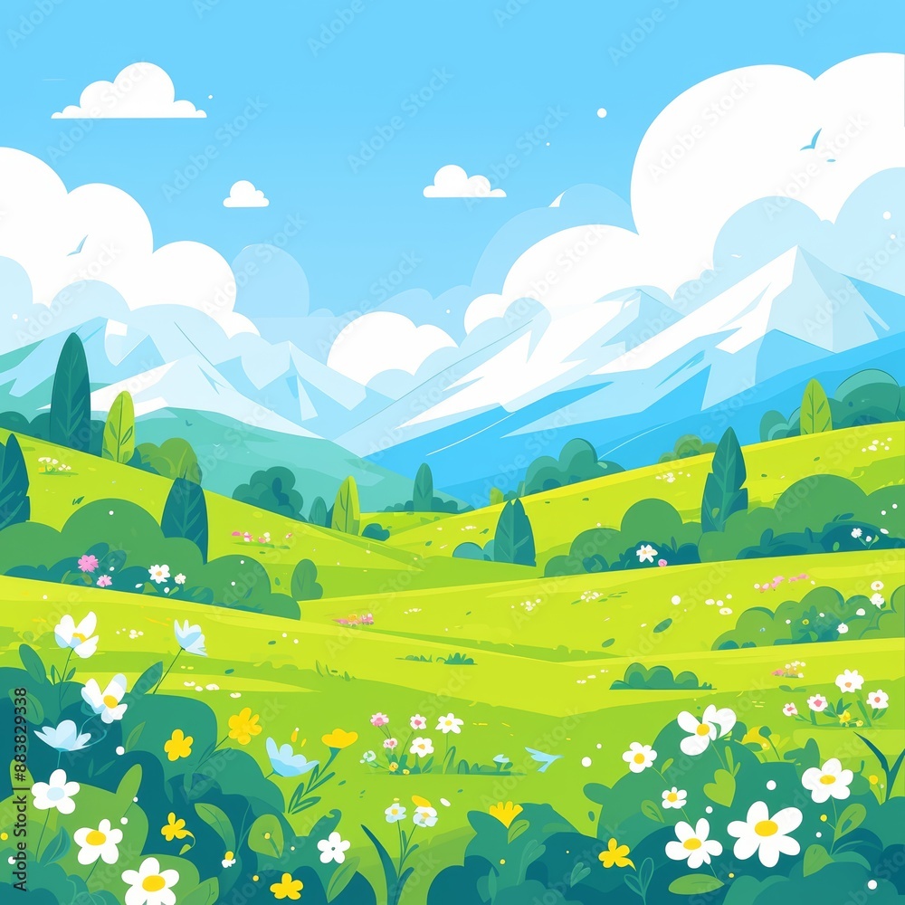 Naklejka premium Bright landscape with mountains, a flower-filled meadow bathed in sunshine