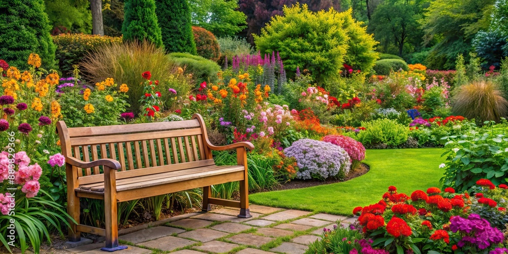 A peaceful garden with vibrant flowers, lush greenery, and a wooden bench, nature, peaceful, flowers, greenery, relaxation A peaceful garden with vibrant flowers, lush greenery, and a wooden bench, nature, peaceful, flowers, greenery, relaxation