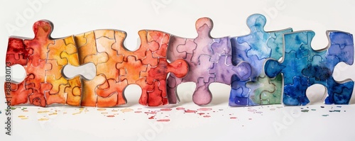 Creative thinking with puzzle pieces flat design side view theme problemsolving watercolor Triadic Color Scheme.,
