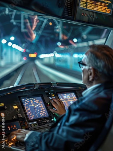 Man driving train at night in city