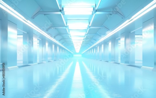 Futuristic Blue Corridor with Sleek Metal Surfaces and Vibrant Light Beams—Serene Digital Atmosphere © Ryzhkov