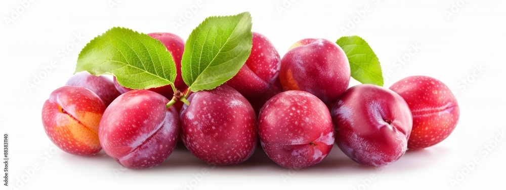  A cluster of plums, each with a green leaf atop, sits against a pristine white backdrop