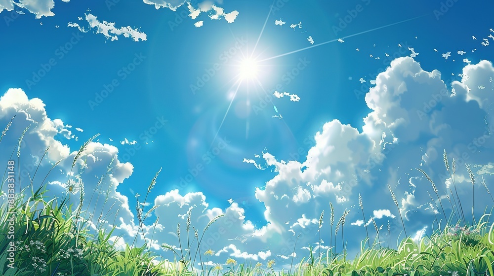 Scenic summer landscape with fluffy white clouds and a bright sun over a green grassy field Scenic summer landscape with fluffy white clouds and a bright sun over a green grassy field