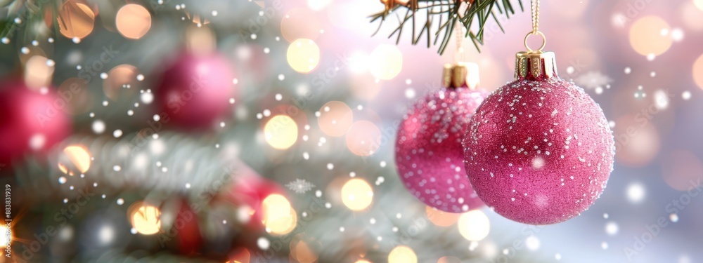 Two ornaments, each adorned with holiday décor, hang from the Christmas tree One ornament features a basket of snow atop it Two ornaments, each adorned with holiday décor, hang from the Christmas tree One ornament features a basket of snow atop it