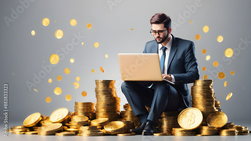 Businessman working with laptop on pile of gold coins, make money from online business or working concept, vector illustration. photo