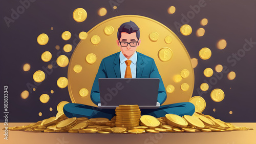 Businessman working with laptop on pile of gold coins, make money from online business or working concept, vector illustration. photo