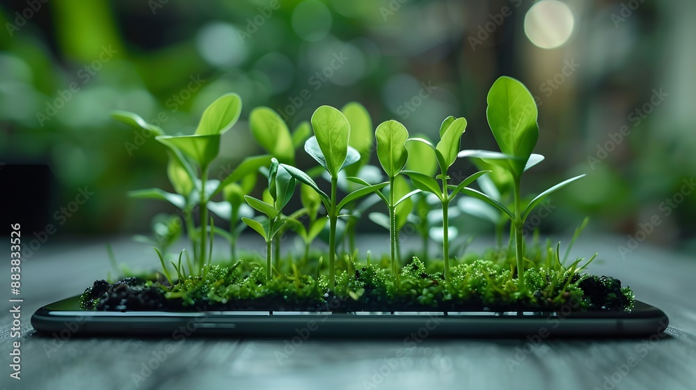 A smartphone with grass growing out of it, representing the eco-friendly nature and green design elements in technology and growth and sustainability in business. A smartphone with grass growing out of it, representing the eco-friendly nature and green design elements in technology and growth and sustainability in business.