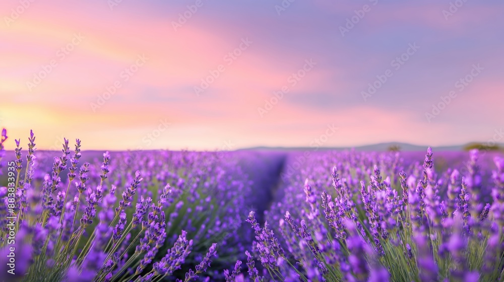 Lavender fields in full bloom under a sunset sky, vibrant, serene, picturesque
