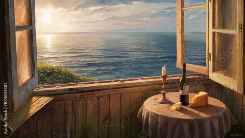 A nostalgic and sentimental scene from an open window overlooking the vast, tranquil sea.