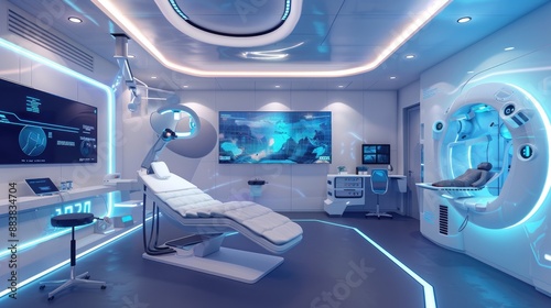 A high-tech virtual reality therapy clinic with immersive environments for treatment