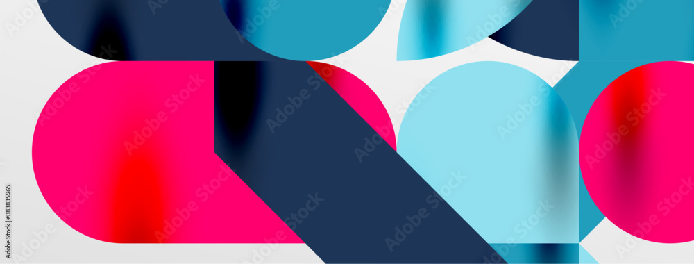 Mosaic geometric elements. Colorful circles, round geometric shapes and lines with shadow 3d effects. Simple forms abstract background for wallpaper, banner, template or landing Mosaic geometric elements. Colorful circles, round geometric shapes and lines with shadow 3d effects. Simple forms abstract background for wallpaper, banner, template or landing