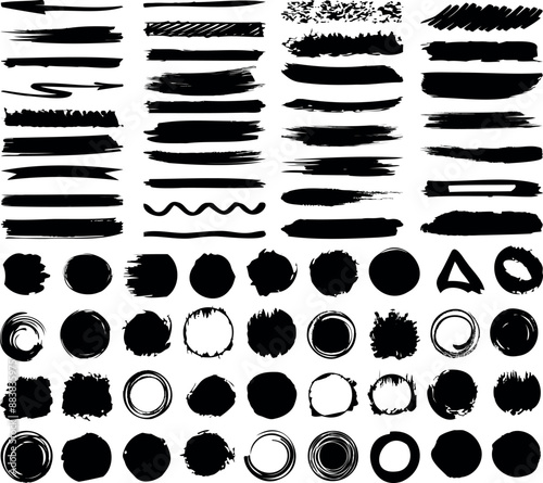Ink brush strokes, circular and linear brush stroke geometric shapes, Perfect for creative projects, branding and digital illustrations