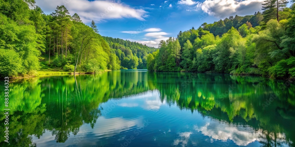 A serene lake surrounded by lush, green forest , nature, landscape, water, trees, tranquil, peaceful, relaxation, outdoors A serene lake surrounded by lush, green forest , nature, landscape, water, trees, tranquil, peaceful, relaxation, outdoors